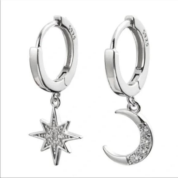 MOON STAR 925 STERLING SILVER DIAMOND HOOPS, NICE EARRINGS, CUTE EARRINGS - Picture 3 of 3